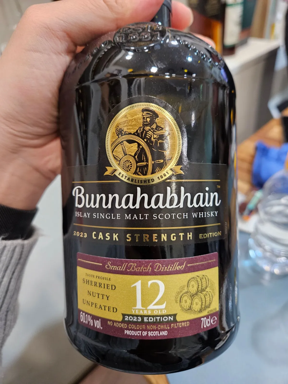 A close-up of the Bunnahabhain 12 Year Old Cask Strength 2023 Edition label