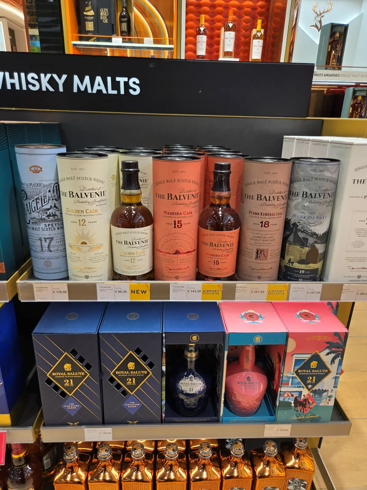 The Balvenie 12 Golden Cask, 15 Madeira Cask, 18 PX Cask and 19 The Week of Peat, with Royal Salute 21