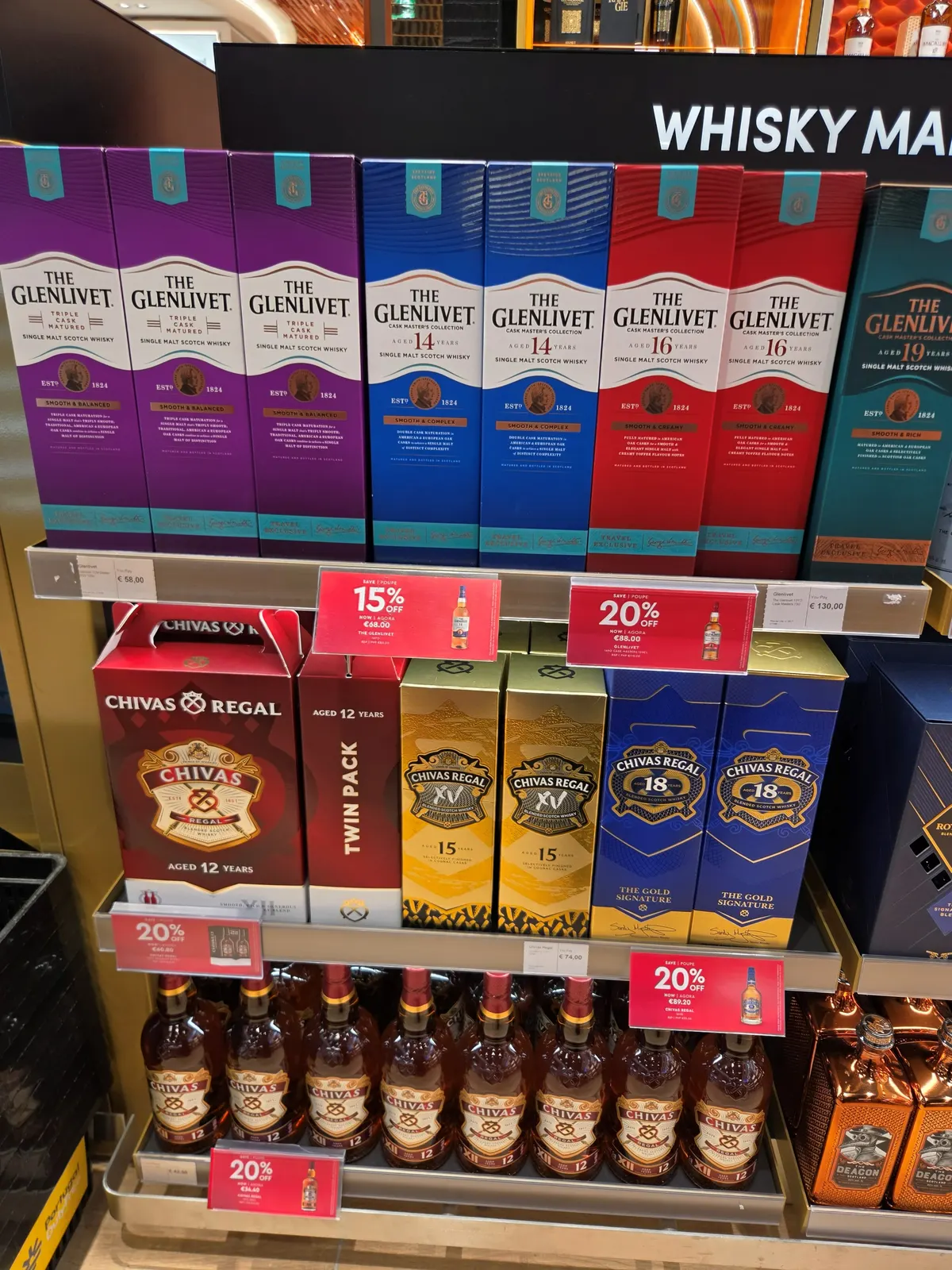The Glenlivet Cask Masters Collection and Chivas Regal 12, 15 and 18 with discount price tags