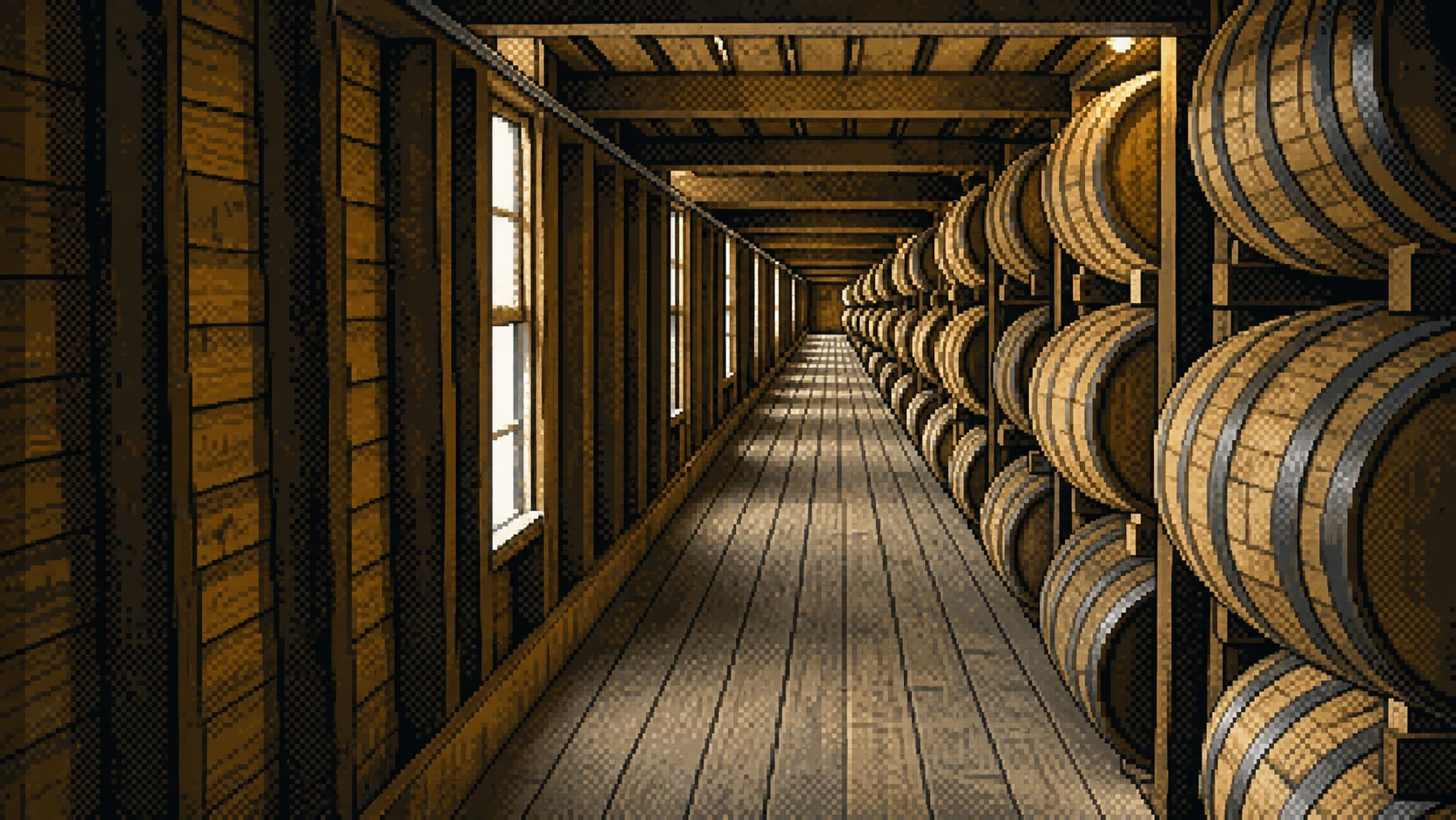 16-bit graphics that recreate a warehouse lined with oak casks for long-term aging