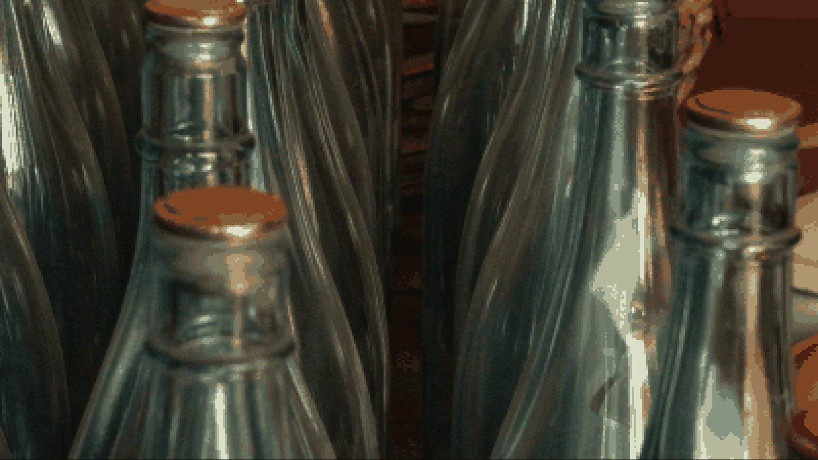 16-bit graphics that recreate labelless glass bottles waiting for different bottlings